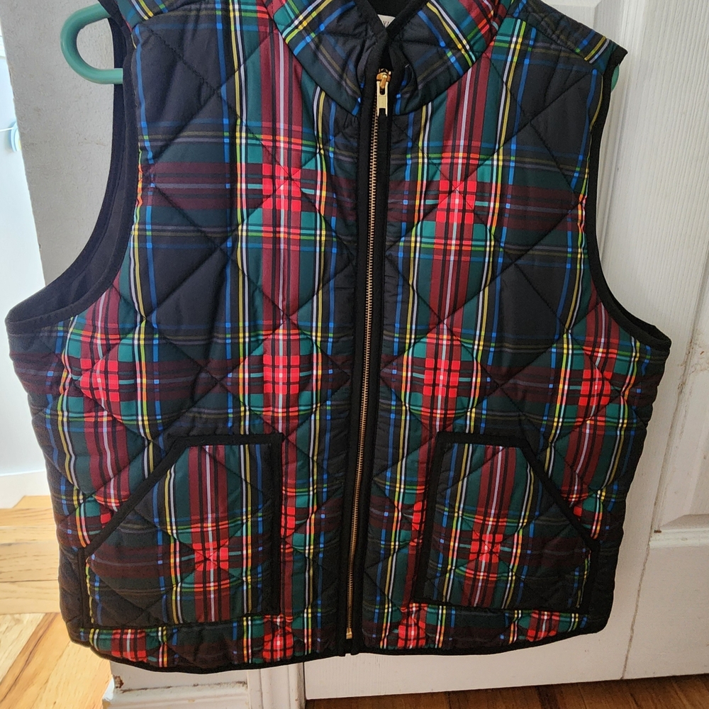 J.Crew Factory Quilted Plaid Puffer Vest - Red, Green & Black